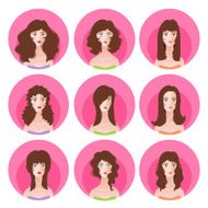 Woman long hairstyle icon set