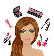 beautiful woman and various cosmetics