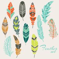 Cute vector set of vintage ethnic feathers in pastel colors