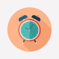Retro alarm clock flat round icon with long shadows