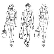 Line drawing of three fashion models