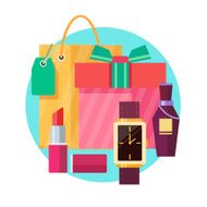 Set of gift box and bag with various gifts in