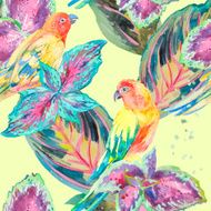 Watercolor Parrots Tropical flower and leaves N2