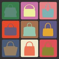 Colored flat icons with silhouettes of fashion women&#039;s handbag