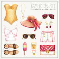 Fashion watercolor woman&#039;ÂÂs outfit with shorts top hat and swimsuit