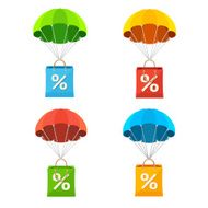 Vector colorful parachute with paper bag sale icon set