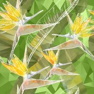 Seamless background with Bird of Paradise flowers in triangles style