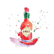 Bottle of chili sauce Watercolor illustration vector