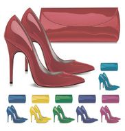 Pairs of patent leather female high-heeled shoes and mini bags