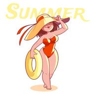 Cute plump girl in a swimsuit with swimming circle