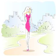 Fashion Woman Sketch Pink Dress Outdoor Vector N3