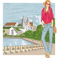 Vector fashion stylish girl in the old city