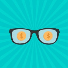 Glasses and gold dollar coin inside Sunburst background Flat design
