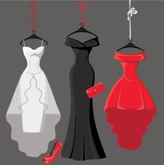 Set of three party dresses hang on ribbons