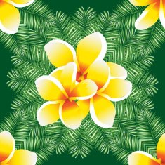 Plumeria seamless vector pattern palm leaves N2