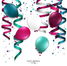 Vector birthday card with curling stream confetti balloons and text