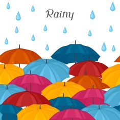 Abstract background with colored umbrellas and rain drops