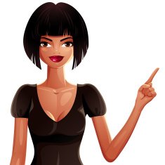 Beautiful tanned woman pointing at something to side