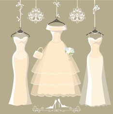 Set of three long bridal dresses hang on ribbons N2