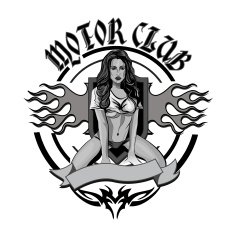 Vintage motorcycle garage motor club emblem with sexy girl
