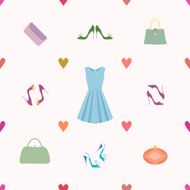 Seamless pattern of dress shoes handbags hearts