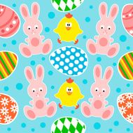 Easter seamless background with rabbits and chickens