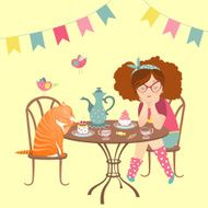 Beautiful girl drinking coffee with funny cat N2