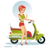 Beautiful woman with her green scooter
