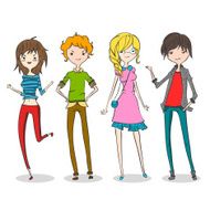 Group of four cartoon young people