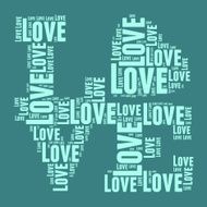 Blue and green vintage pop art style words cloud LOVE