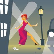 Pin-up Woman in Danger on Stylish Street Background Retro