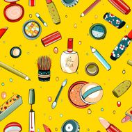 Colorful Makeup Seamless Pattern on Yellow