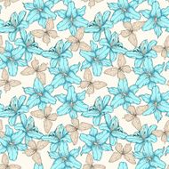 seamless pattern with blue lilies flowers and butterflies