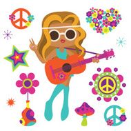 Hippie girl with guitar and psychedelic art elements