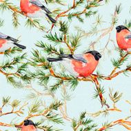 seamless texture with pine branch and bird watercolor
