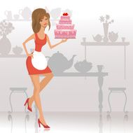 beautiful woman with a cake in the restaurant