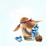 Background with beach bag shoes coconut on the