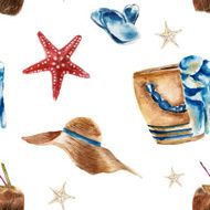Seamless pattern with beach bag shoes sunglasses and a coconut N4