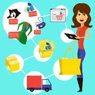 Happy woman with a bag and phone in hands