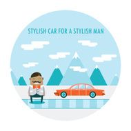Handsome hipster guy and cool car Cute cartoon character