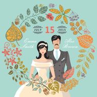 Cute wedding invitation with groom bride autumn leaves wreath