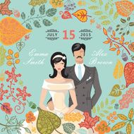 Cute wedding invitation with groom bride autumn leaves N2