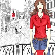 Vector lovely fashion girl on a Venice background N3