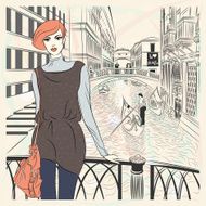 Vector lovely fashion girl on a Venice background N4