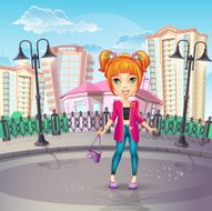 the city promenade with a teen girl in pink jacket