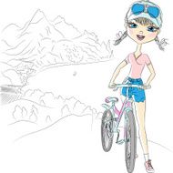 Vector hipster girl tourist with bicycle N2