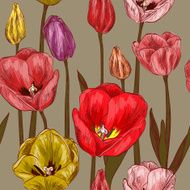seamless pattern with red and pink tulip flowers