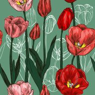 seamless pattern with red and pink tulip flowers N2