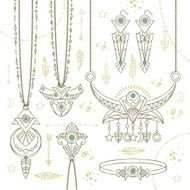 Set of the boho style hippie jewelry Vector iilustration