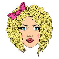 Vector girl face with blonde curly hair hand drawn portrait